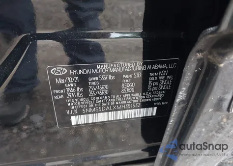 2021 Hyundai Santa Fe Calligraphy z USA, uszkodzony, nr VIN 5NMS5DALXMH351532